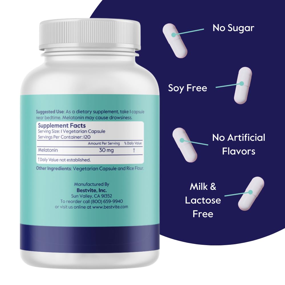 BESTVITE Melatonin 30mg Sleep Support - 120 Vegetarian Capsules - image 3