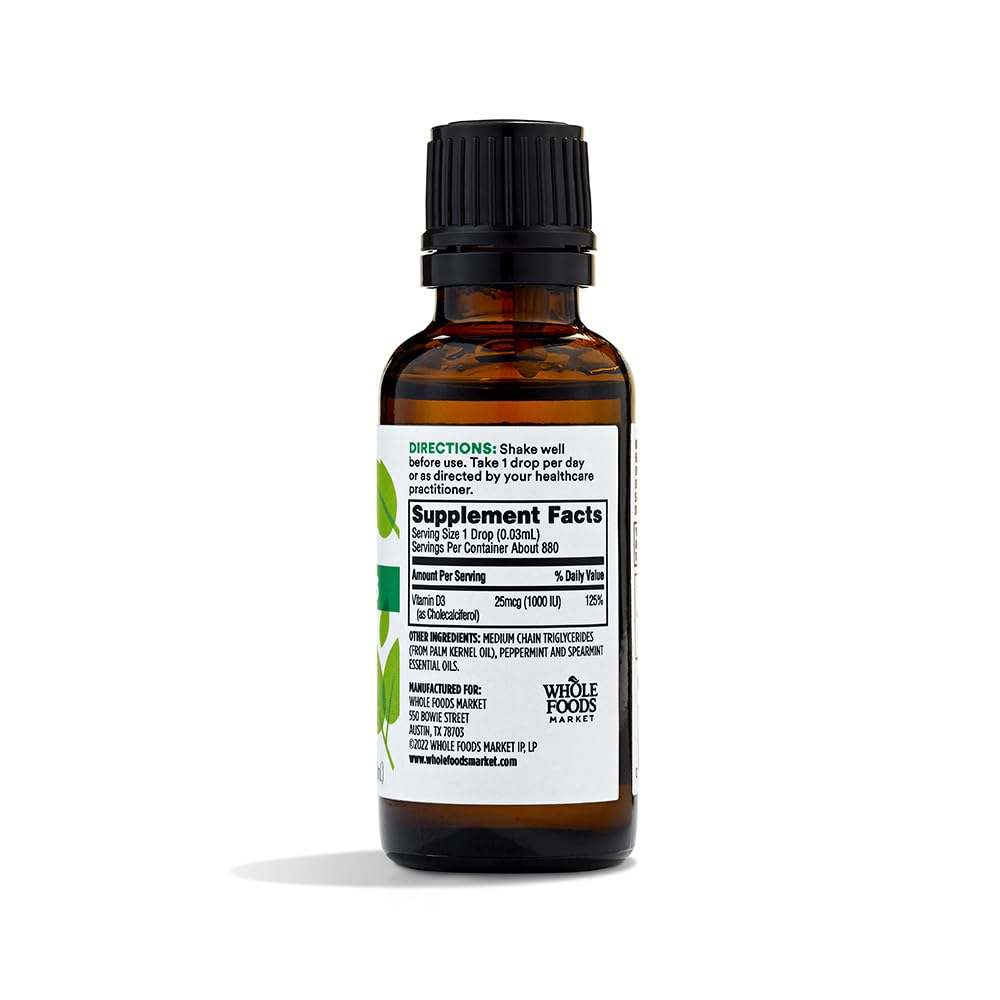 Whole Foods Market Vitamin D-3 Liquid Mint Flavor 1000 IU - 1 Fl Oz - image 2