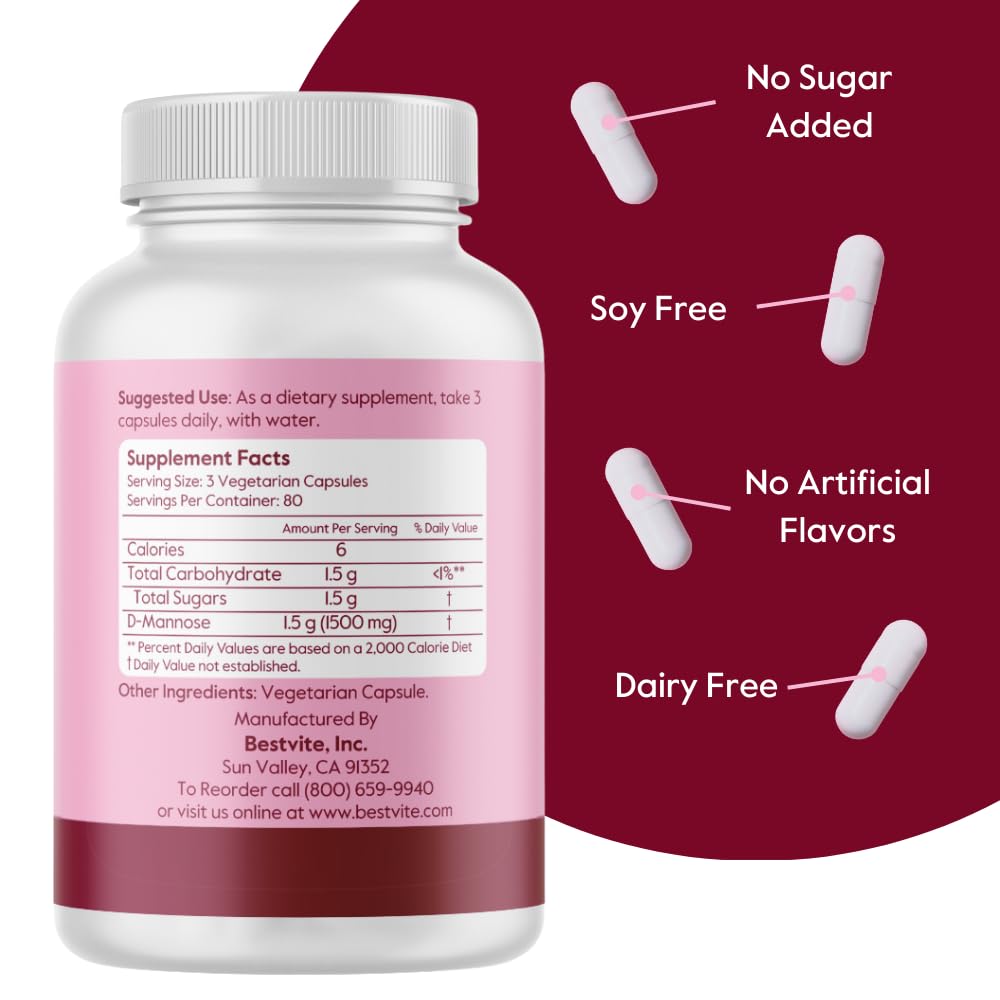 BESTVITE D-Mannose 500mg Urinary Health Support - 240 Vegetarian Capsules - image 3