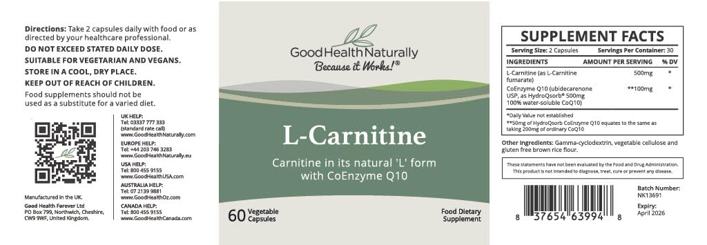 Good Health Naturally L-Carnitine Plus CoQ10 - 60 Vegetable Capsules - image 2
