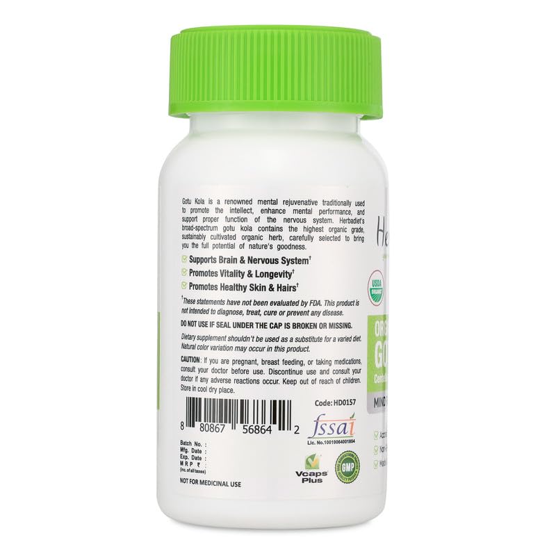 Herbadiet Organic Gotu Kola Brahmi Cognitive Supplement - 120 Capsules - image 3
