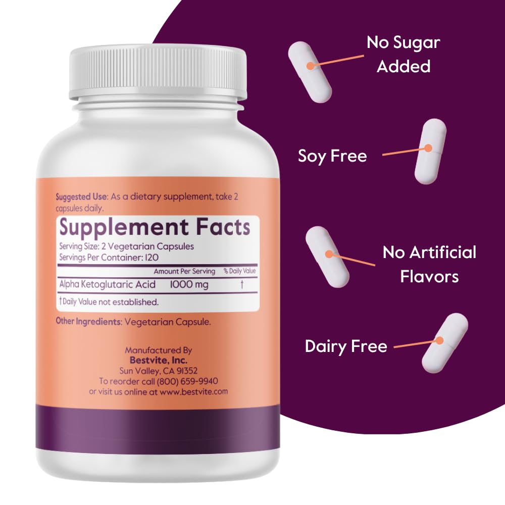 BESTVITE AKG Alpha Ketoglutaric Acid 1000mg - 240 Vegetarian Capsules - image 3