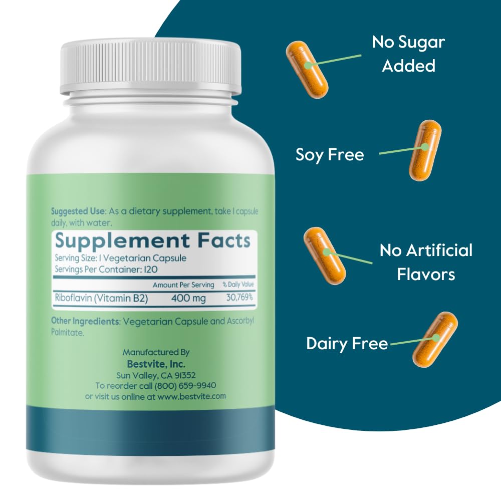 BESTVITE Vitamin B-2 Riboflavin 400mg - 120 Vegetarian Capsules - image 3