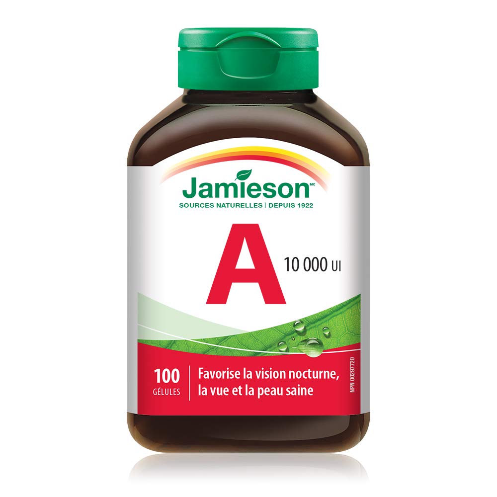 Jamieson Vitamin A 10,000 IU Softgels, Eyesight Support and Skin Health. Gluten-Free, Lactose-Free, No Artificial Colours or Flavours, 100 Count, Proudly Canadian