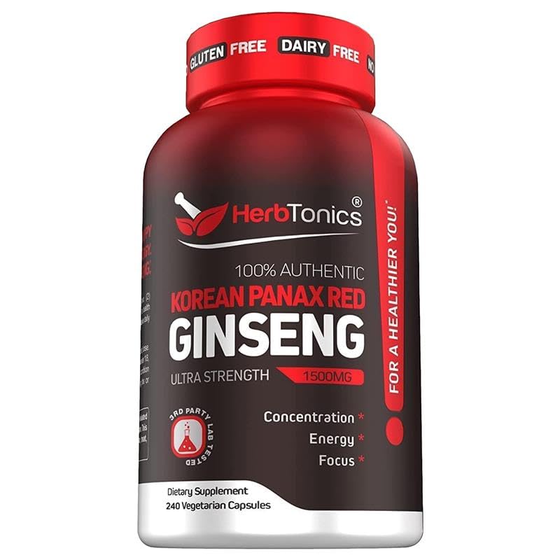 Herbtonics Korean Red Panax Ginseng 1500mg for Energy - 240 Capsules