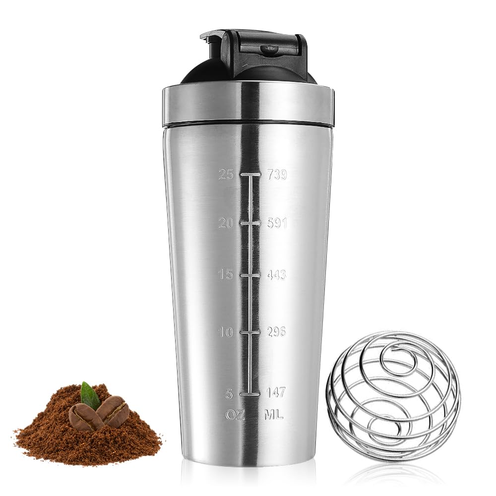 AVCXEC 750ml Stainless Steel Protein Shaker Bottle with Mixball