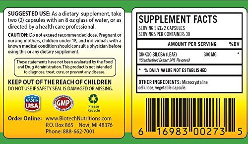 Biotech Nutritions Ginkgo Biloba 300 mg - 60 Vegetarian Capsules - image 2