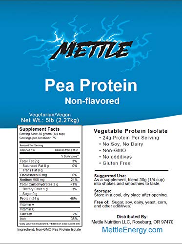 Mettle Energy Pea Protein Isolate Unflavored - 5 Pound - image 3