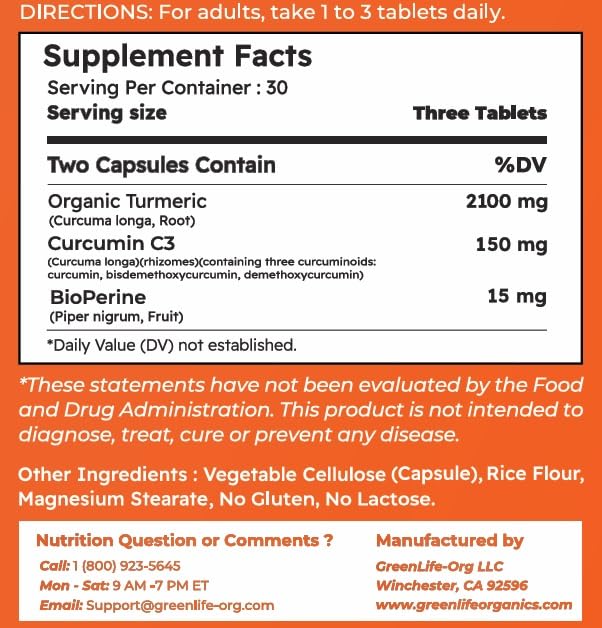 Green Life Org Organic Turmeric Curcumin C3 Joint Support - 60 Tablets - image 2