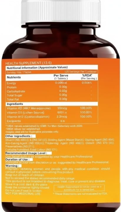 Generic Vitamin D3 K2 MK7 Supplement 600 IU Bone Health - 120 Tablets - image 4