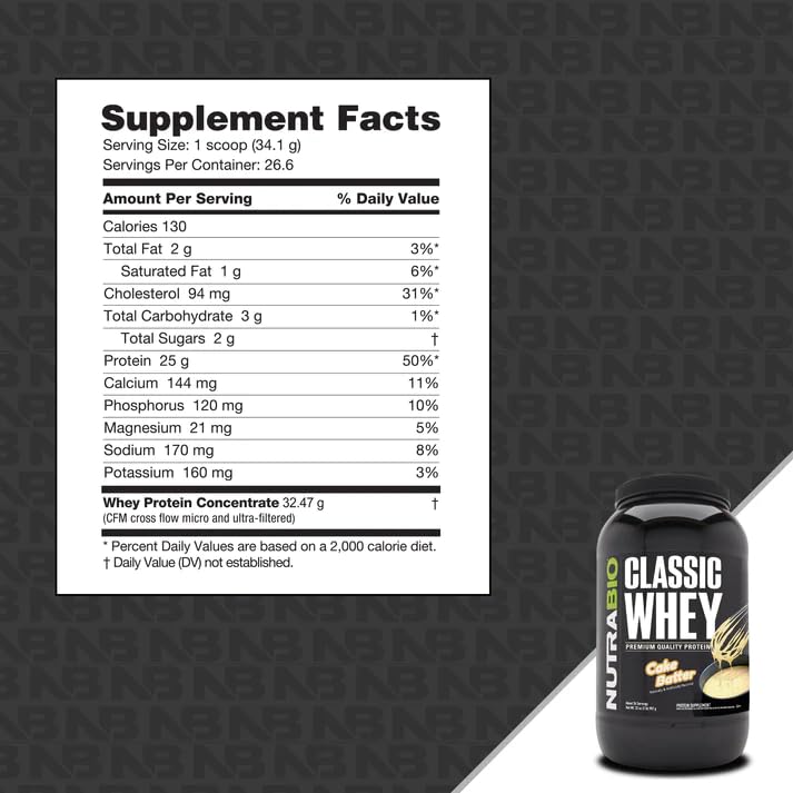 NutraBio Classic Whey Protein Powder Supplement - 25g of Protein Per