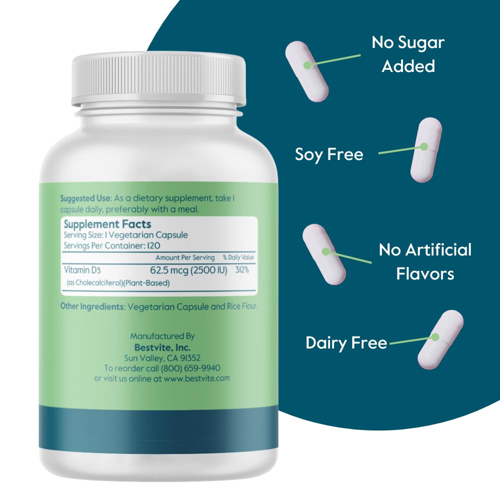 BESTVITE Vegan Vitamin D3 2500 IU - 120 Vegetarian Capsules - image 3