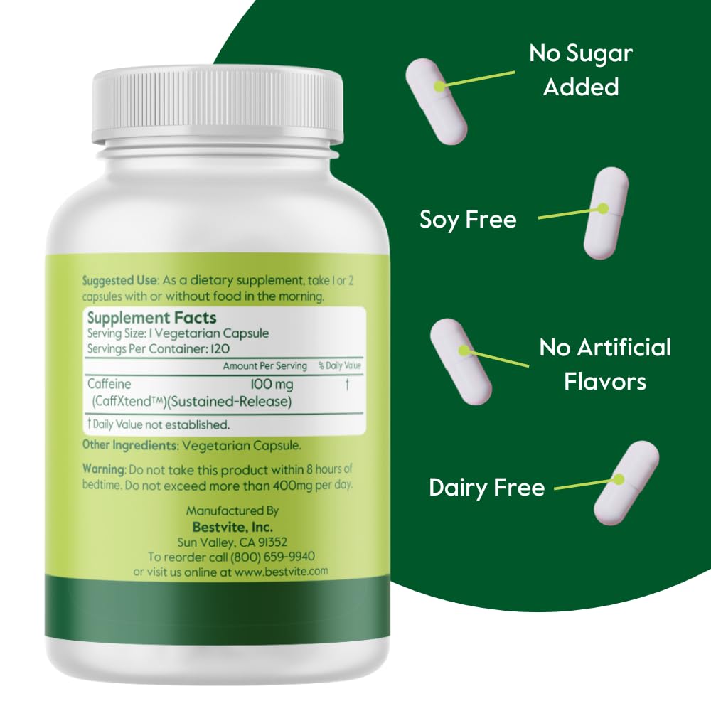 BESTVITE Caffeine 100mg SR Sustained Release - 120 Vegetarian Capsules - image 3