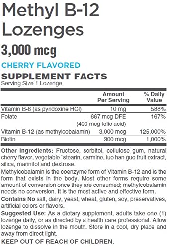AlchePharma Methyl B-12, 3,000mcg w/Folic Acid Biotin and B-6 Lozenges