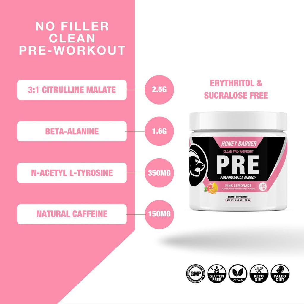 Honey Badger Pre Workout Powder Pink Lemonade - 30 Servings - image 2