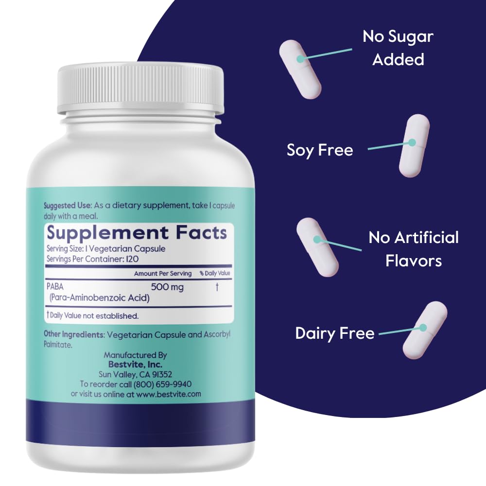 BESTVITE PABA 500mg Antioxidant Support - 120 Vegetarian Capsules - image 3
