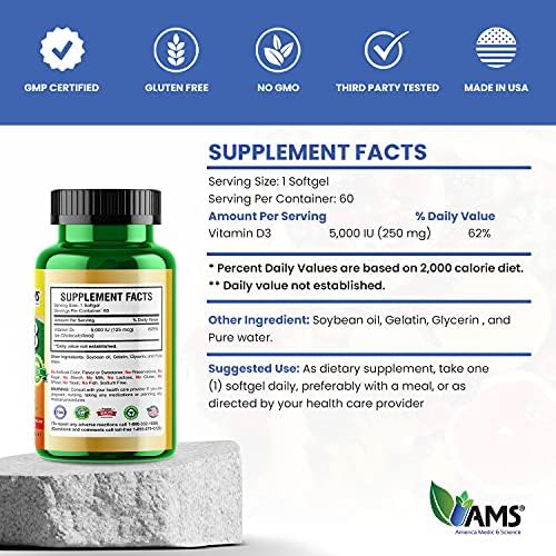 America Medic Extra Strength Vitamin D3 5000 IU (125 mcg) Softgels