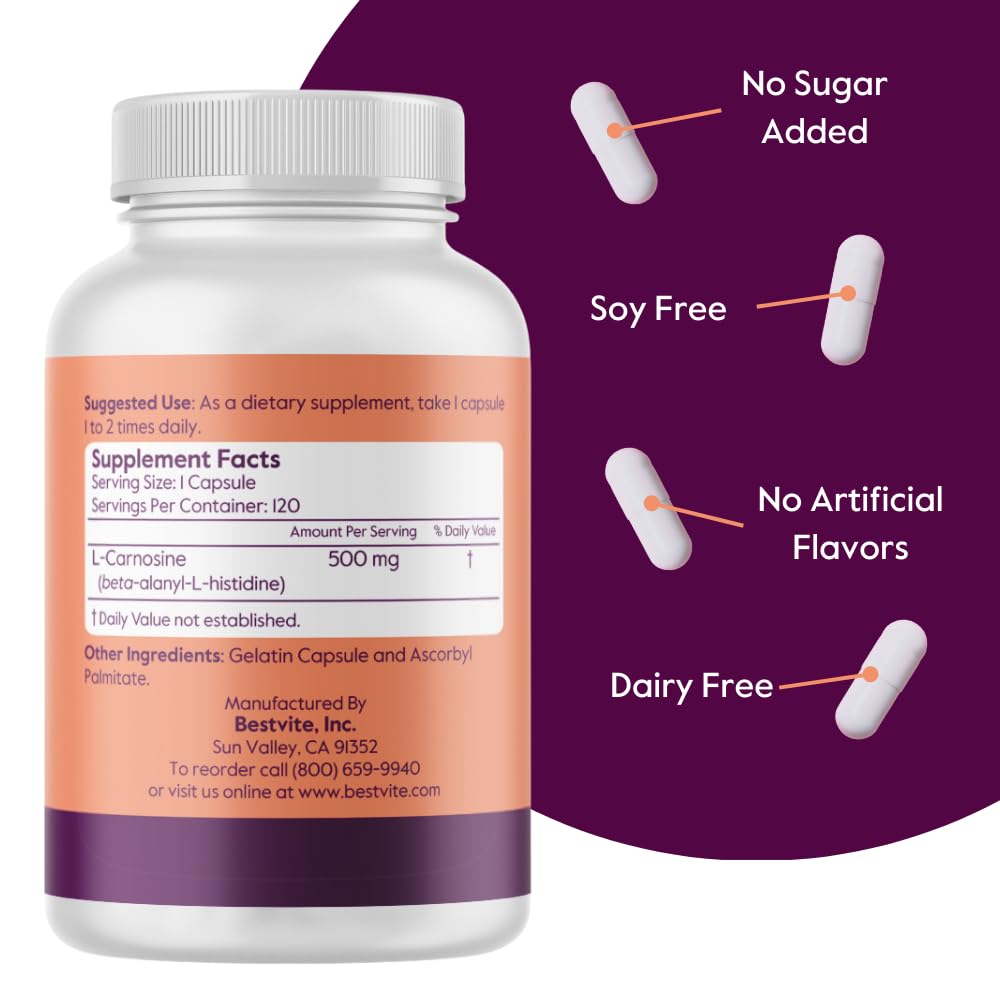 BESTVITE L-Carnosine 500mg - 240 Capsules - image 3
