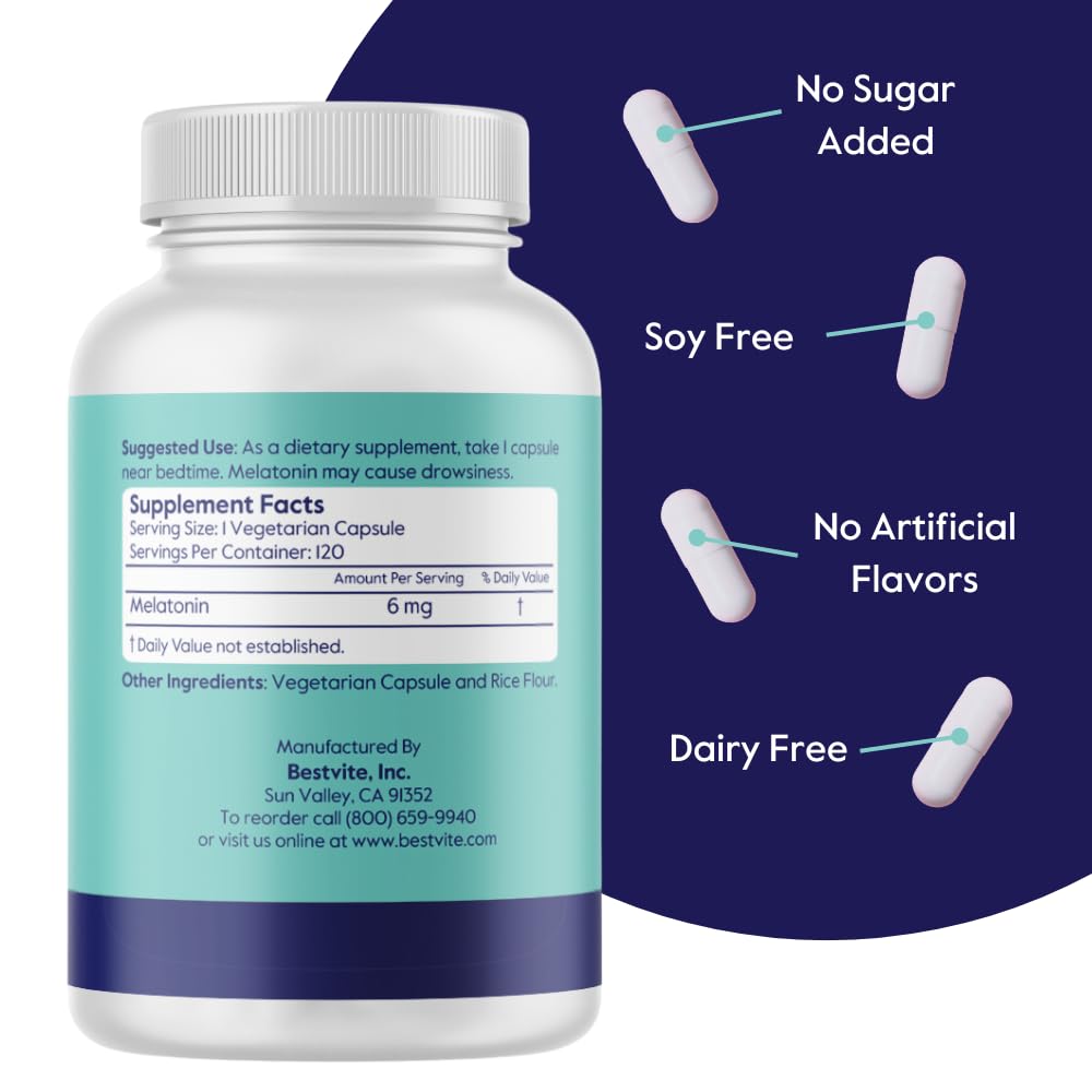 BESTVITE Melatonin 6mg Sleep Support - 240 Vegetarian Capsules - image 3