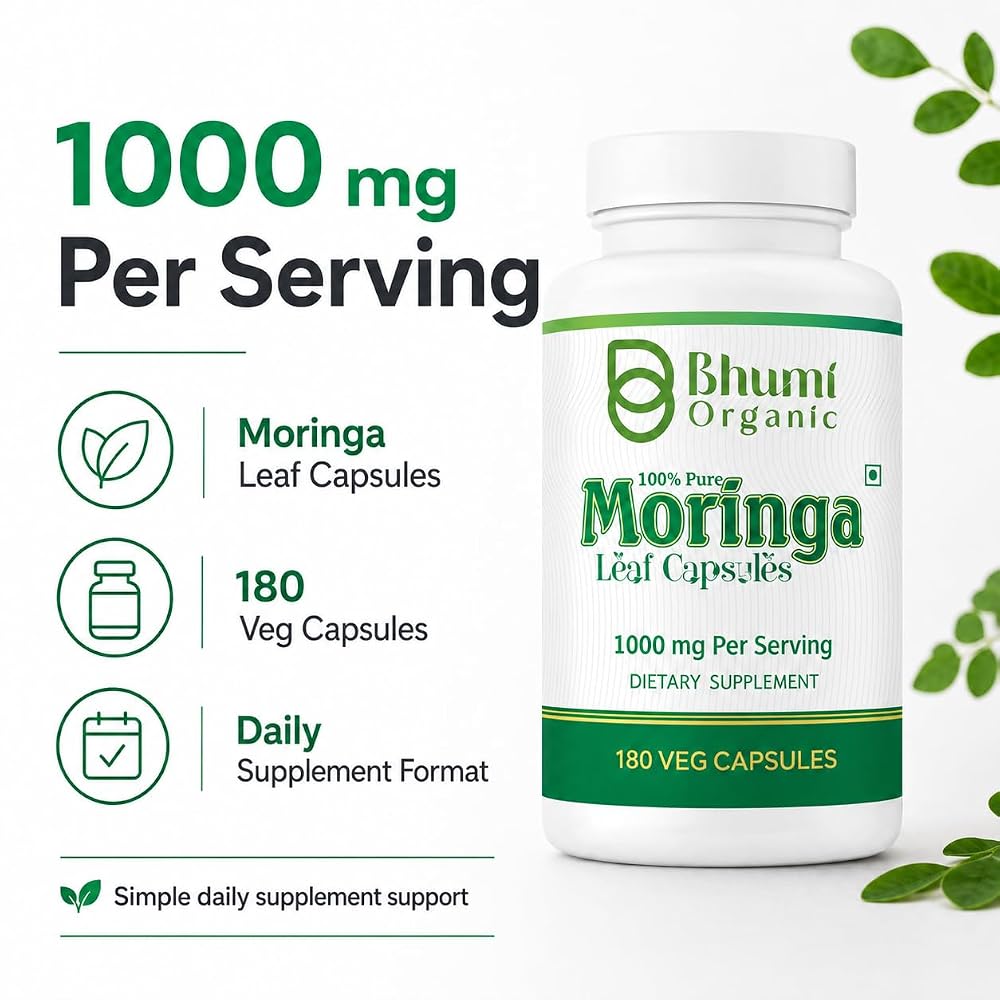 Bhumi Organic Moringa Powder Capsules - 800mg of Pure Nutrient-Rich
