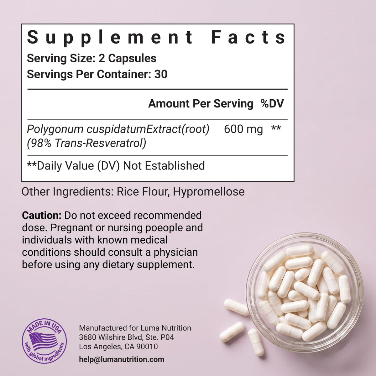 Luma Nutrition Pure Resveratrol 600mg Antioxidant - 60 Capsules - image 6