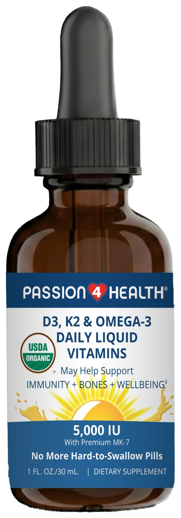 Passion 4 Life Organic Liquid Vitamin D3 K2 Omega-3 - 1 Fl Oz