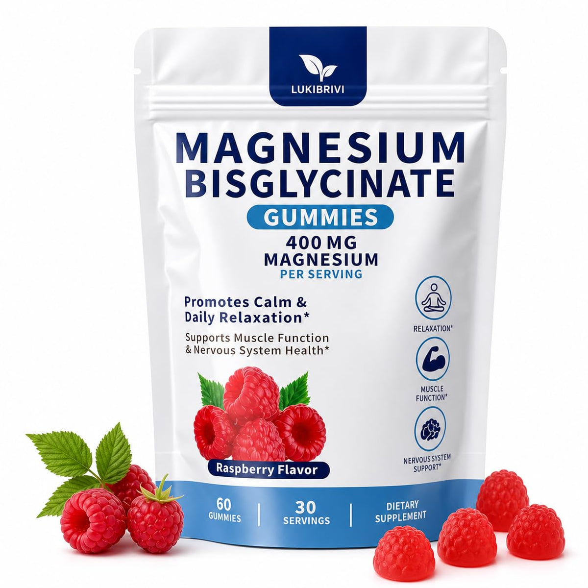 Lukibrivi Magnesium Bisglycinate Gummies 400mg - 60 Gummies