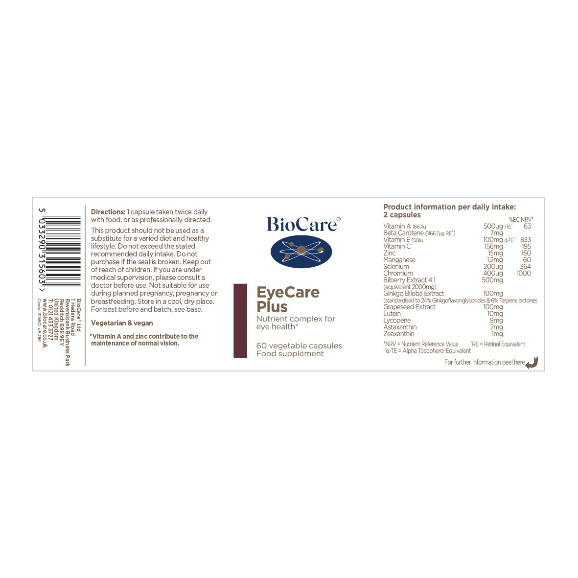 Biocare EyeCare Plus Vitamin A & Bilberry - 60 Vegetarian Capsules - image 2