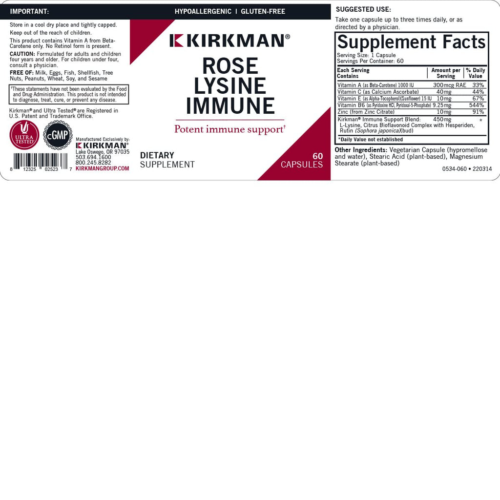 Kirkman Rose Lysine Immune - 60 Vegetarian Capsules - image 3