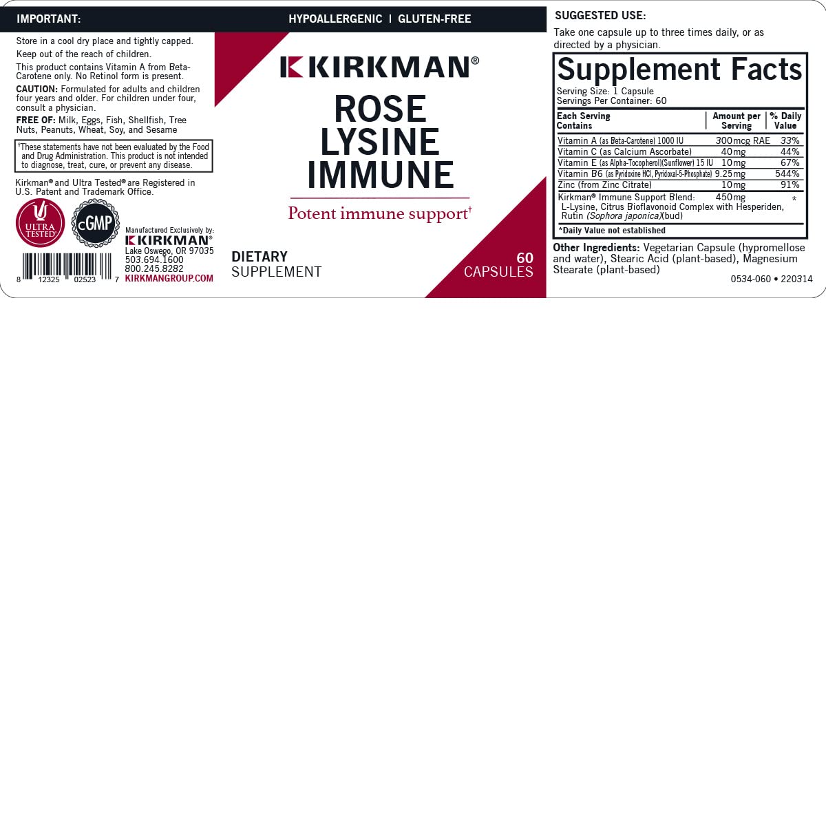 Kirkman Rose Lysine Immune - 60 Vegetarian Capsules - image 3