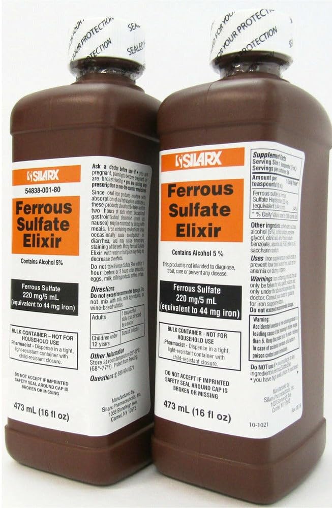 Ferrous Sulfate Elixir 220mg/5mL Iron Supplement - 4 Pack