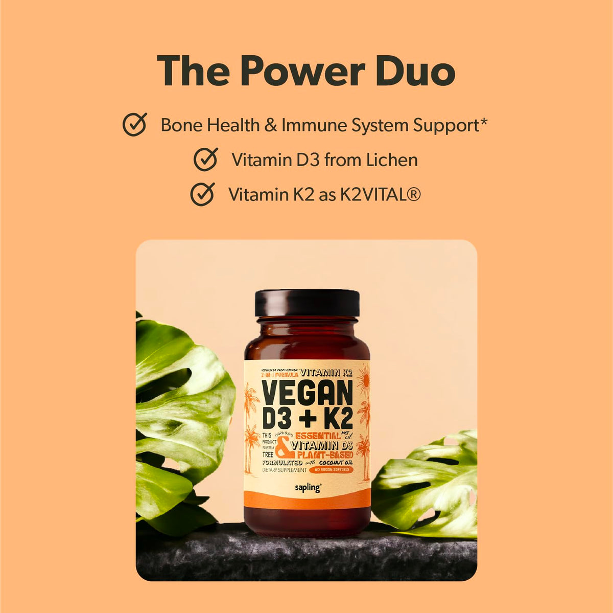 sapling Vegan Vitamin D3 + K2 Supplement - 60 Softgels - image 2