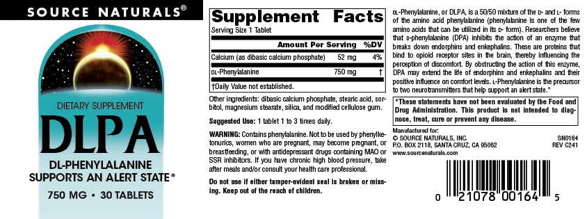 Source Naturals DLPA DL-Phenylalanine 750 mg - 30 Tablets - image 4