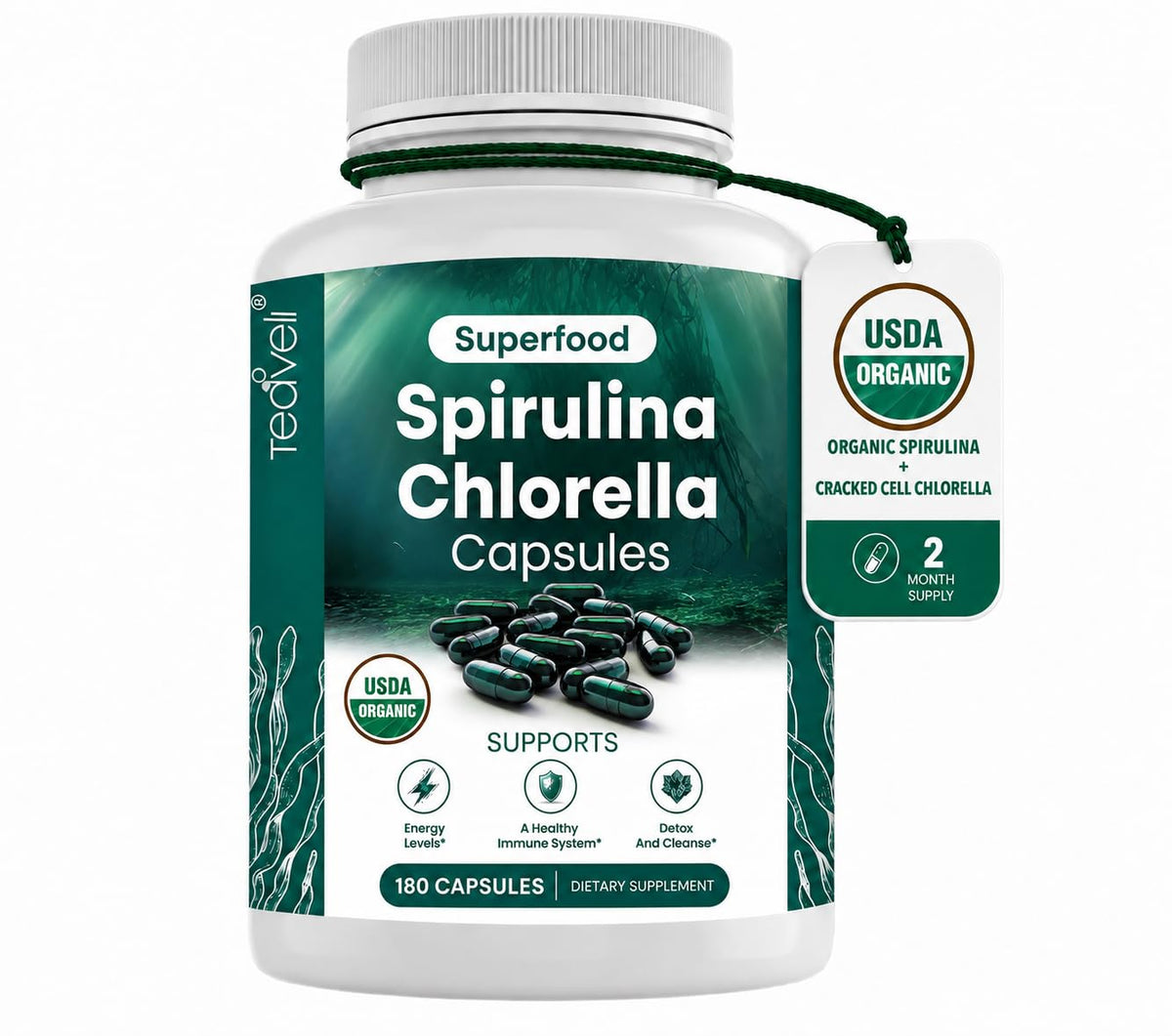 Teaveli Organic Spirulina and Chlorella Capsules - 180 Count