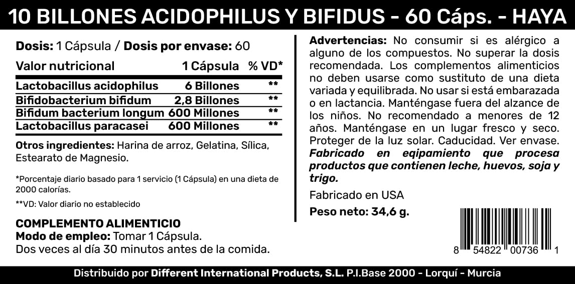 HAYA LABS 10 Billion Acidophilus & Bifidus Probiotic Complex - 60 Capsules - image 2