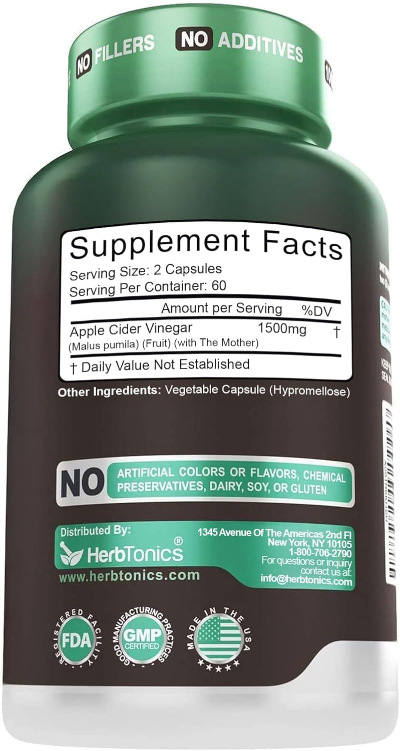 Herbtonics Raw Apple Cider Vinegar 1500mg with Mother - 120 Capsules - image 6