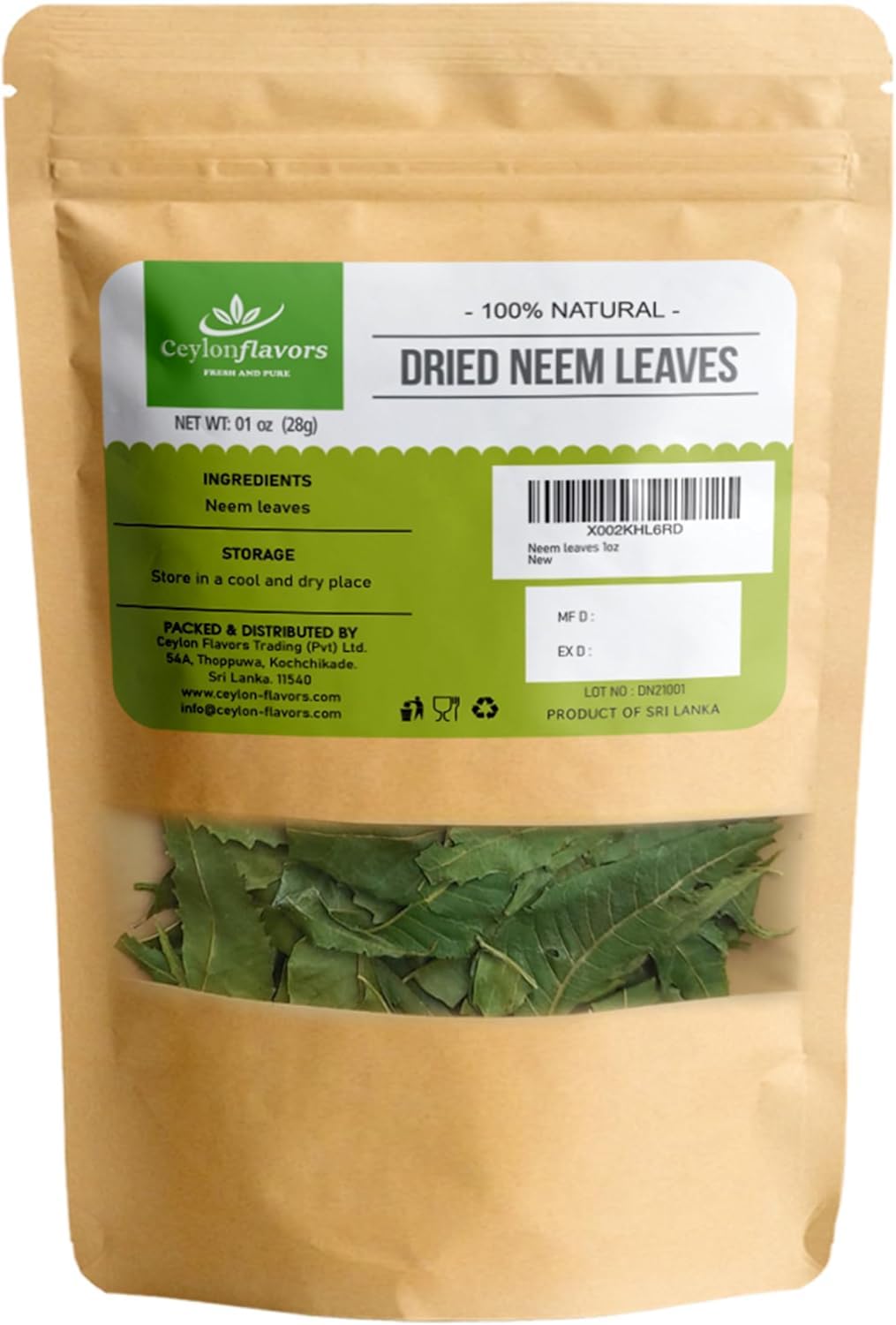 Ceylon Flavors Fresh & Pure Naturally Grown Dried Neem Leaves - 1 oz