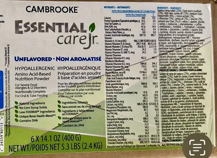 Cambrooke Essential Care JR Unflavored Hypoallergenic Amino