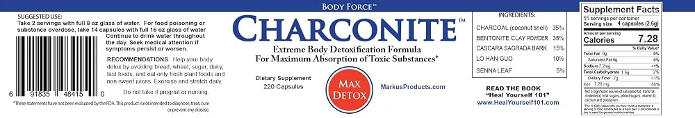 Body Force Charconite Activated Charcoal & Bentonite Capsules - 220 Count - image 4