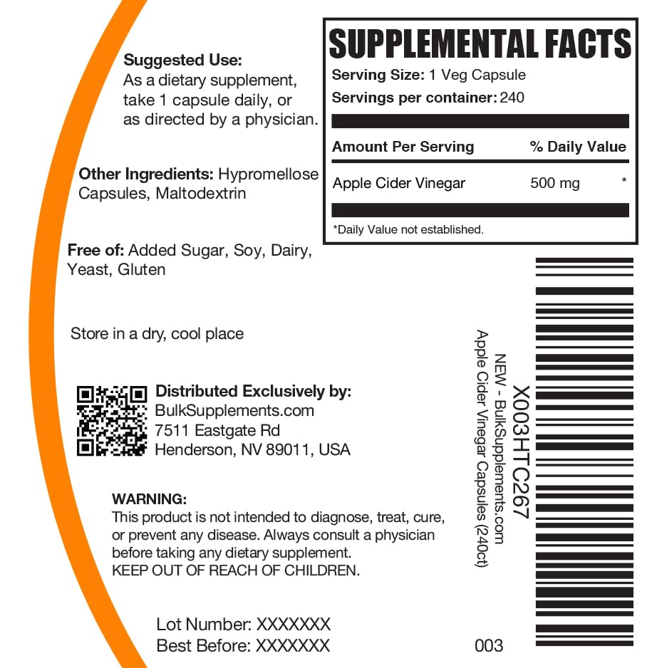 BulkSupplements Apple Cider Vinegar Capsules 500mg - 240 Capsules - image 4