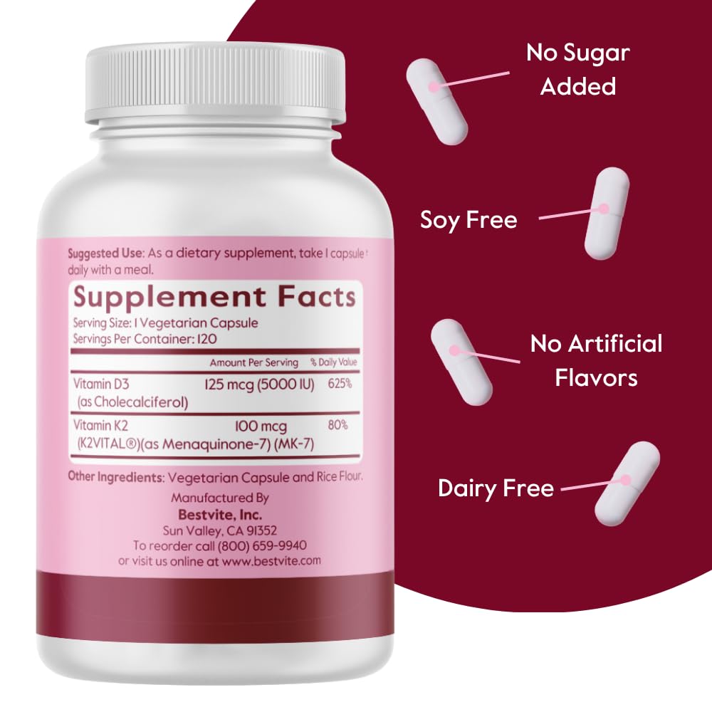 BESTVITE Vegan Vitamin D3 5000 IU + Vitamin K2 MK-7 - 120 Capsules - image 3