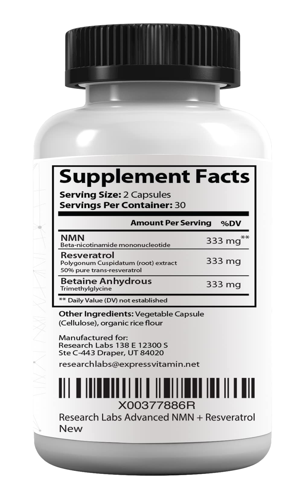 Research Labs Advanced NMN Resveratrol Betaine Supplement.