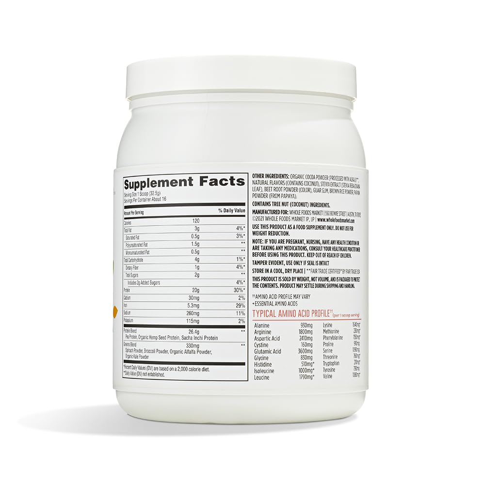 Whole Foods Market Plant Protein & Greens Rich Chocolate - 18 oz - image 2