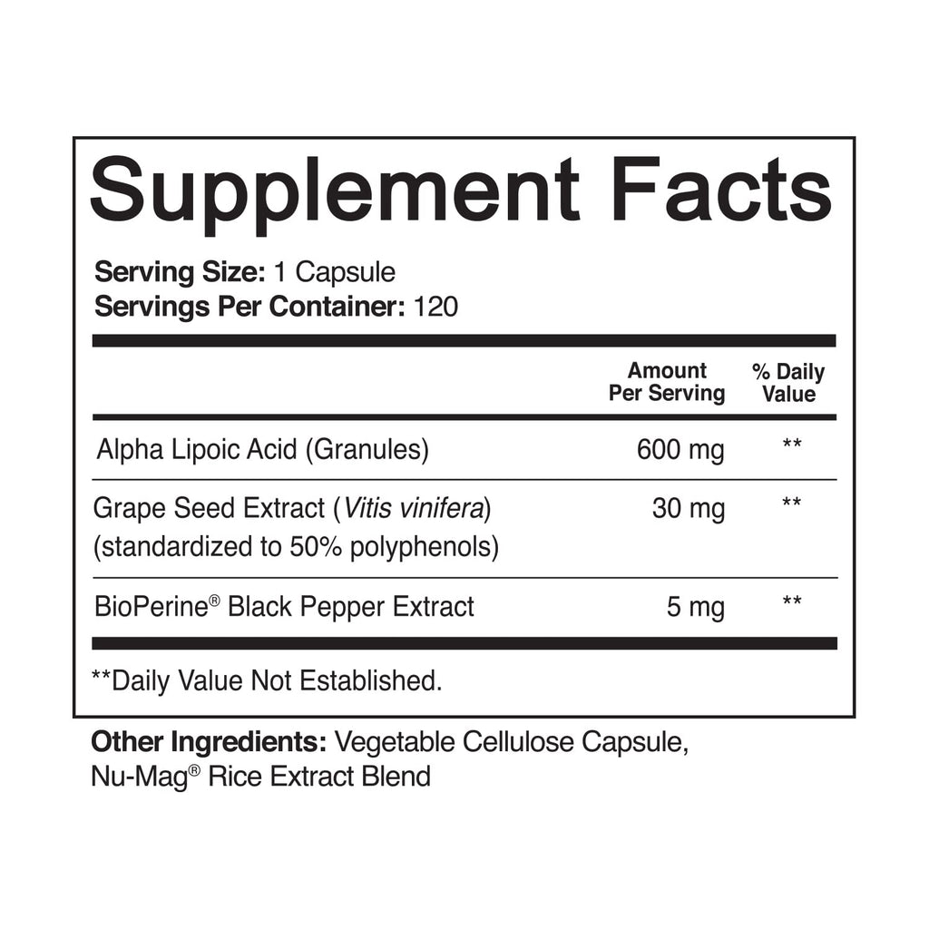 NutriFlair Alpha Lipoic Acid 600mg with Grape Seed & BioPerine - 120 Capsules - image 2