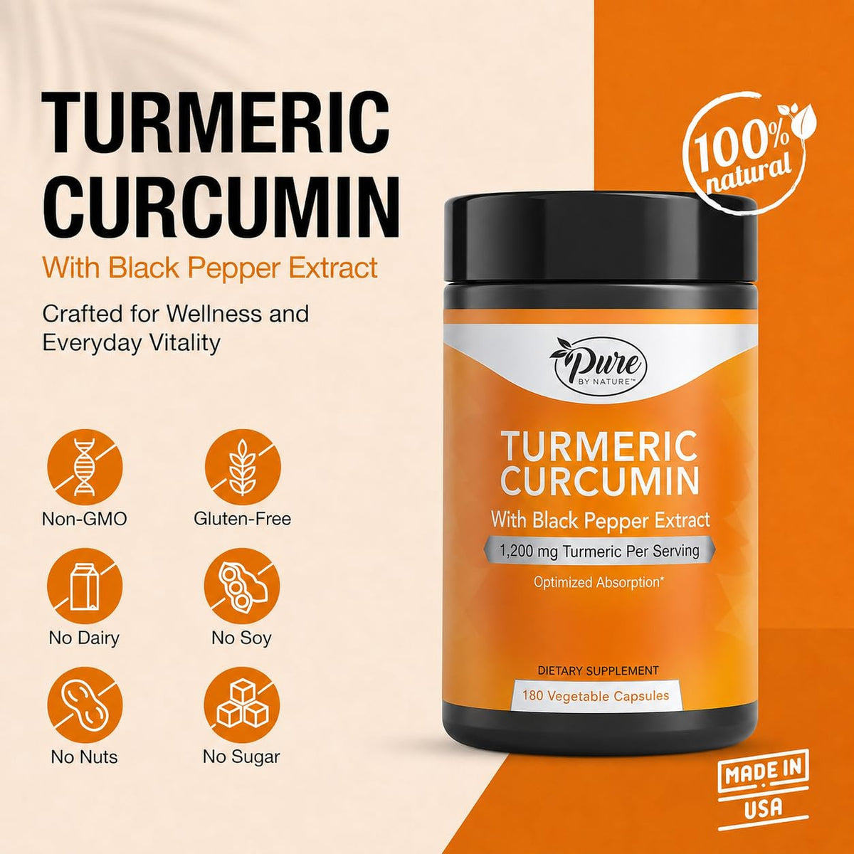 Pure By Nature Turmeric with Black Pepper 95% Curcuminoids - 180 Capsules - image 2