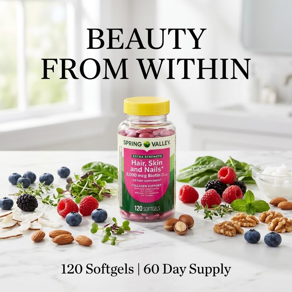 Spring Valley Extra Strength Hair, Skin & Nails Biotin 5000 mcg - 120 Softgels - image 3