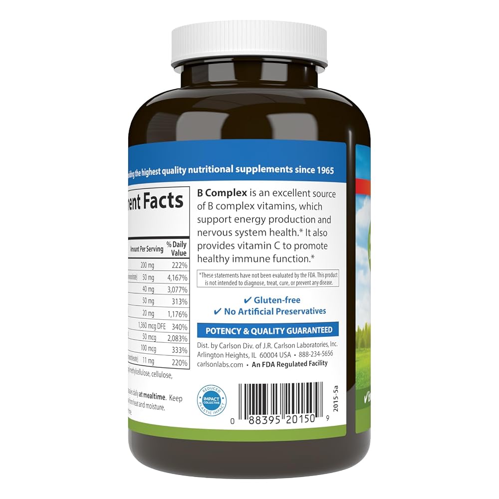 Carlson B Complex Balanced B Vitamins with Vitamin C - 180 Vegetarian Capsules - image 3