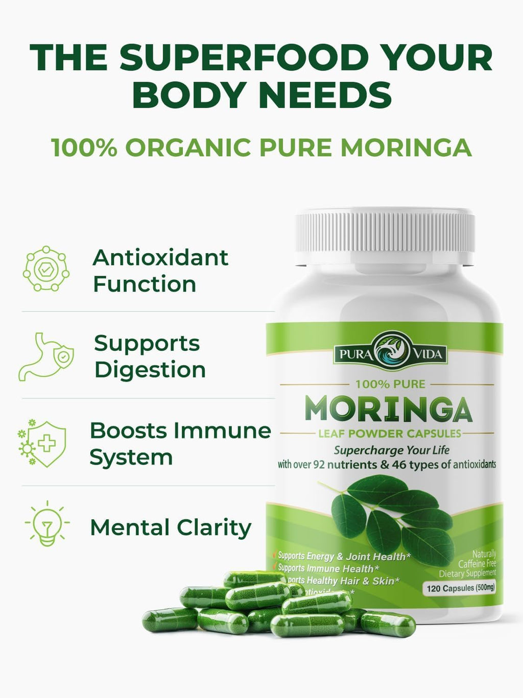 Pura Vida Moringa Organic Moringa Capsules Energy Support - 240 Count - image 6