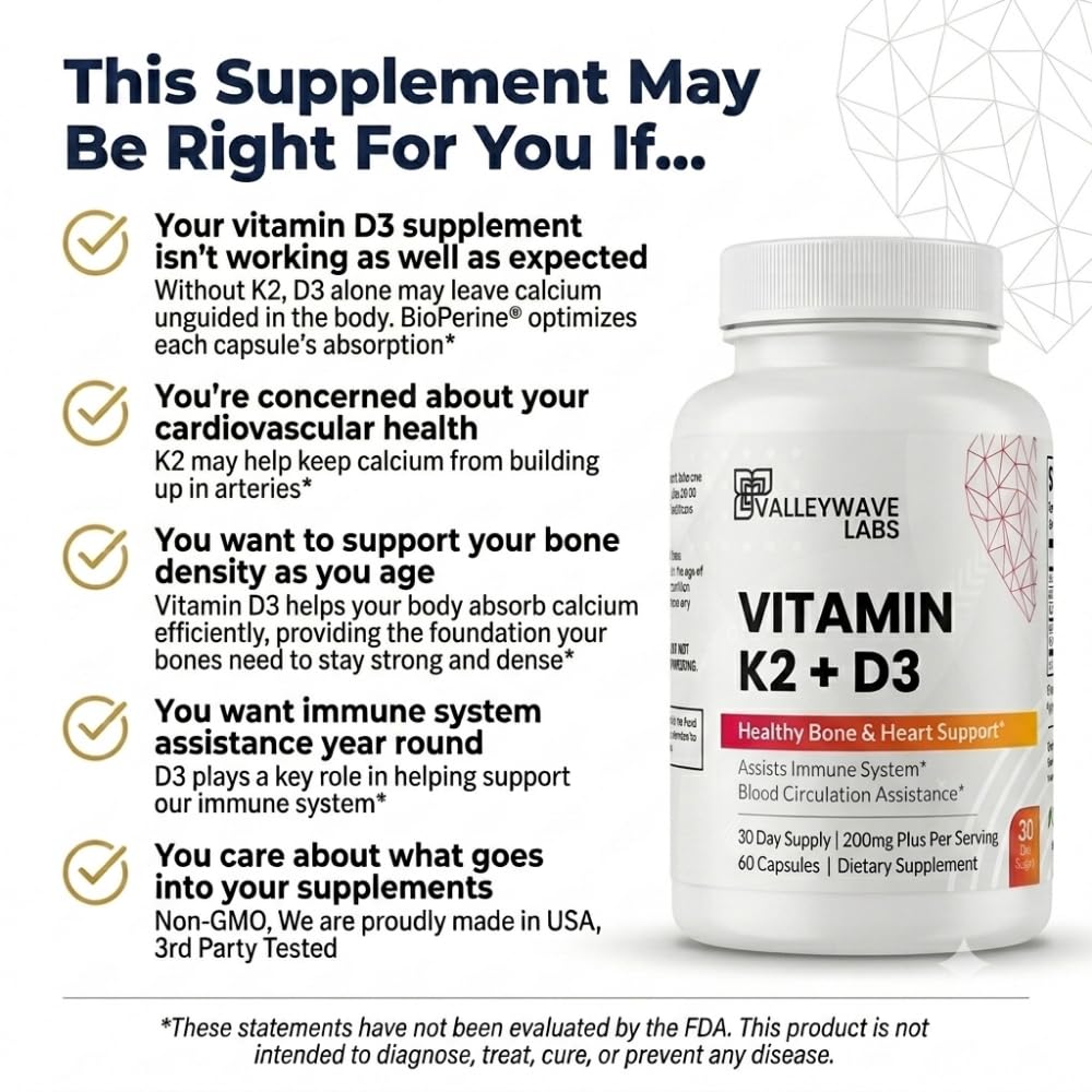 Valleywave Labs Vitamin D3 5000 IU + K2 MK7 with Calcium - 60 Capsules - image 2