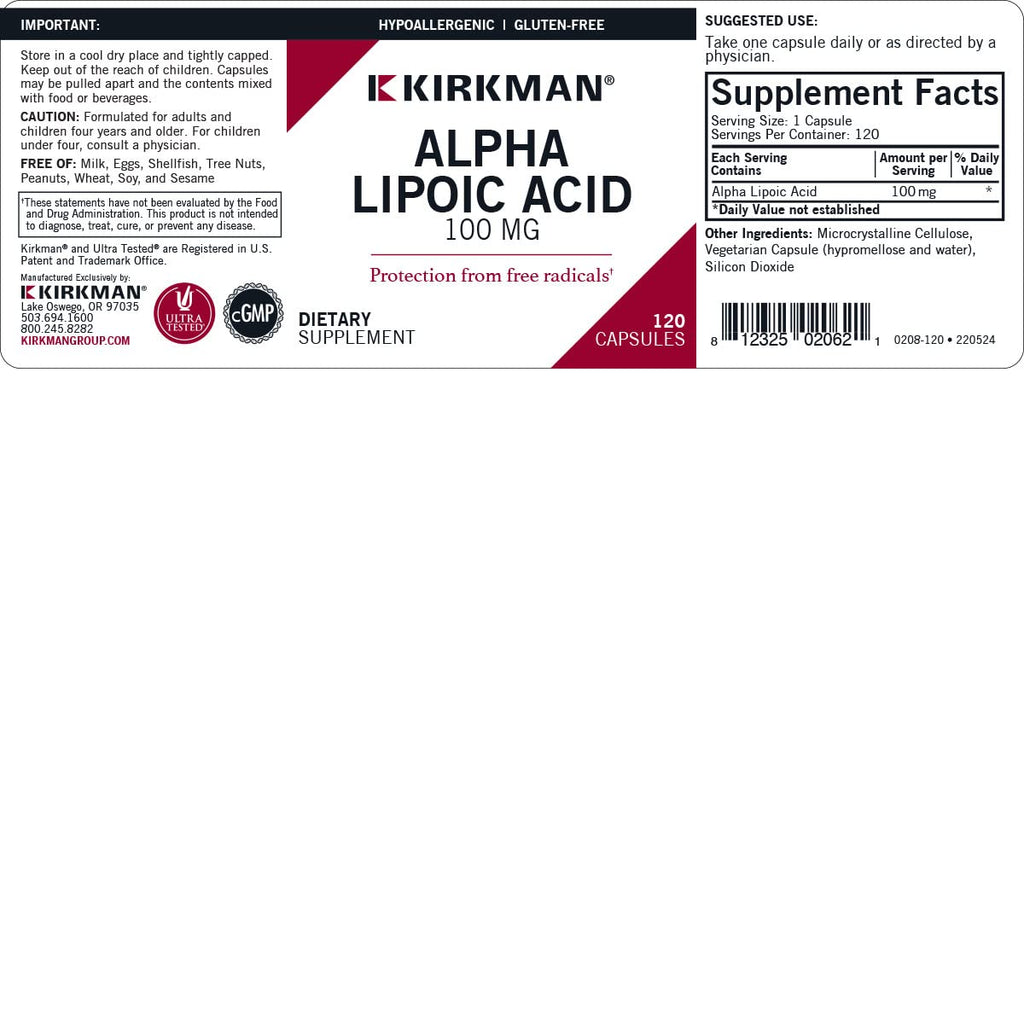 Kirkman Alpha Lipoic Acid 100 mg - 120 Vegetarian Capsules - image 3